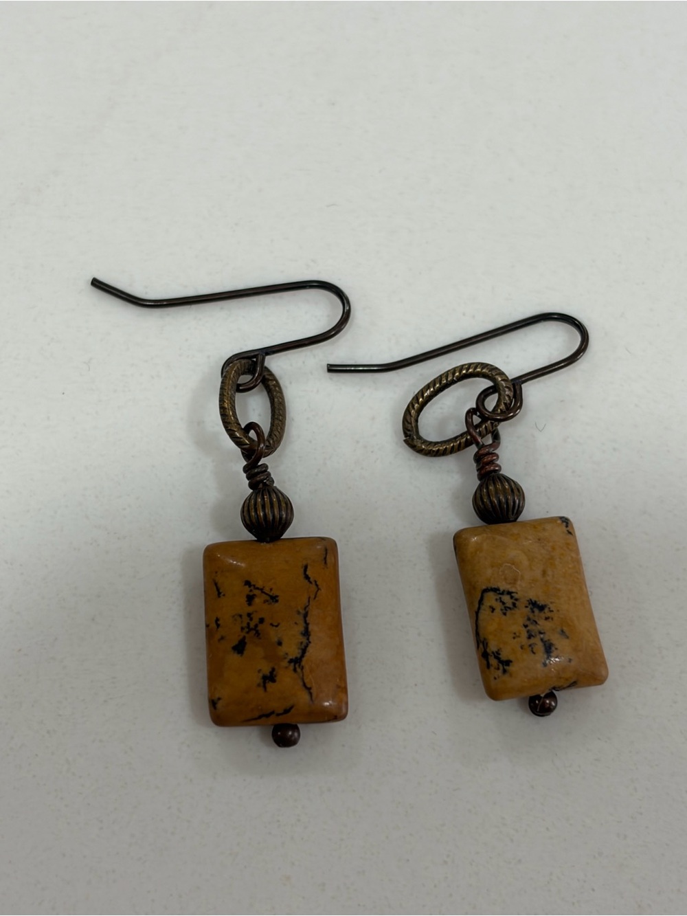 Handcrafted Brown Stone Dangle Earrings with Antiqued Metal